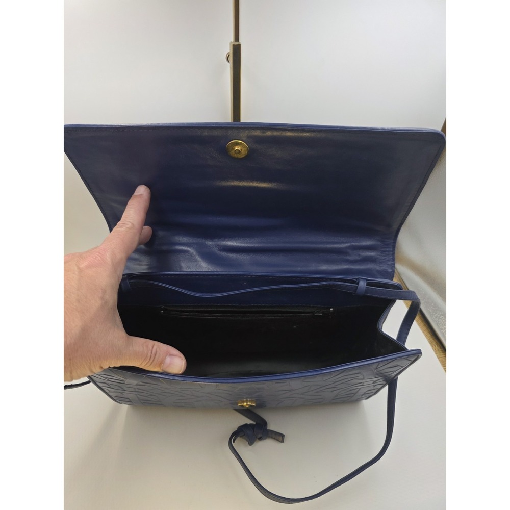 VTG‎ Blue Soft Leather Clutch Crossbody Purse Geometric Embossed Flap 12x9 - Picture 6 of 14